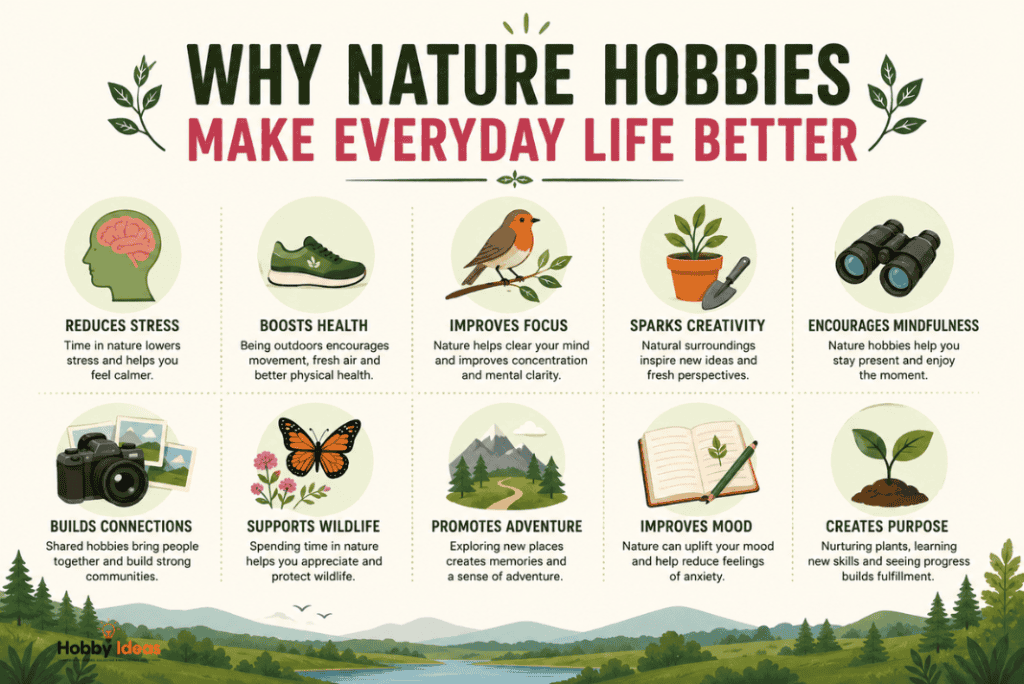 Infographic showing the benefits of nature hobbies including stress relief creativity mindfulness outdoor wellbeing and relaxation