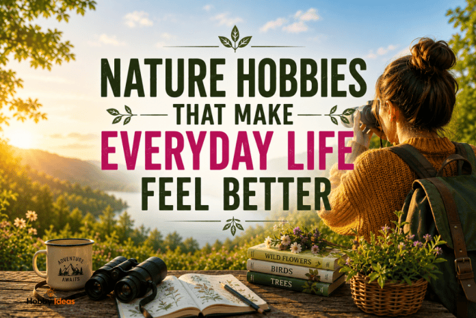 Nature hobbies featured image with outdoor photographer wildflowers binoculars books and centralised lifestyle text
