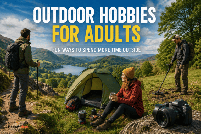 Outdoor hobbies for adults including hiking, camping and metal detecting in the countryside