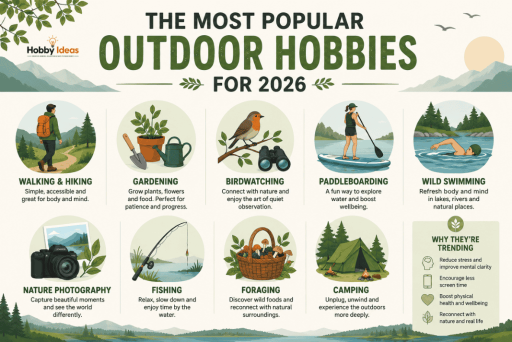 Infographic showing the most popular outdoor hobbies for 2026 including hiking, gardening, birdwatching and wild swimming