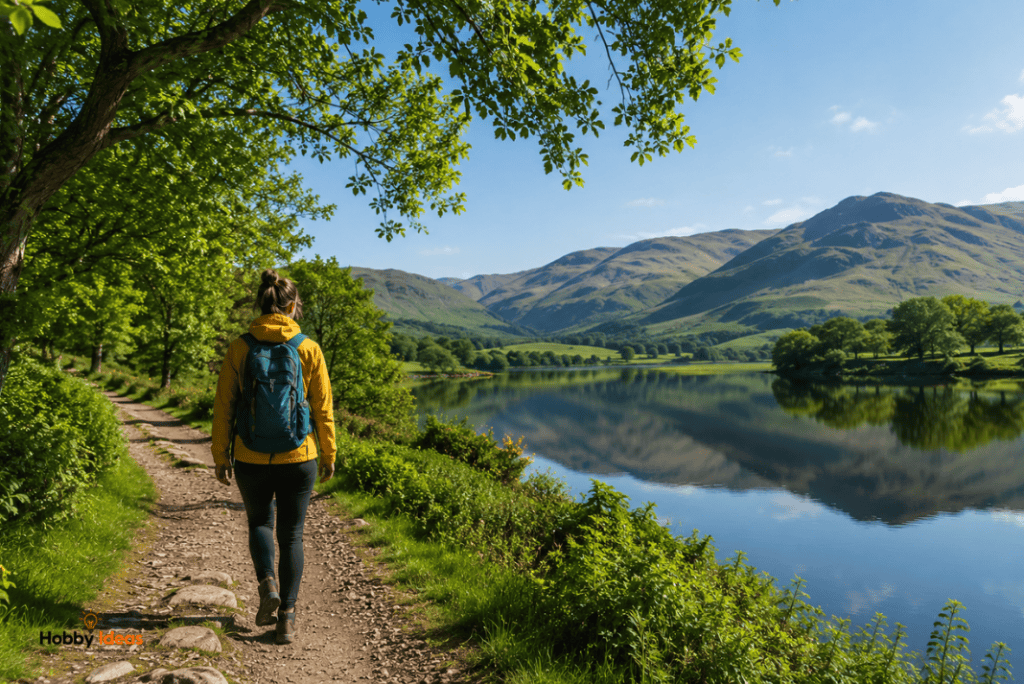 Woman walking beside a peaceful lake during one of the most popular outdoor hobbies for 2026