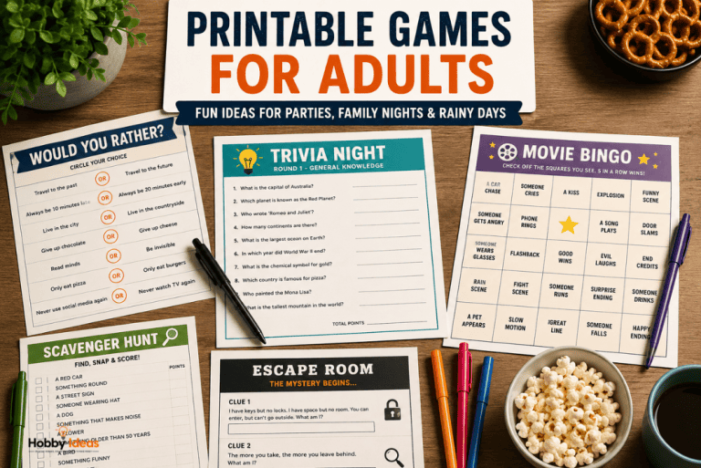 Printable games for adults including trivia, bingo, scavenger hunts and party activities