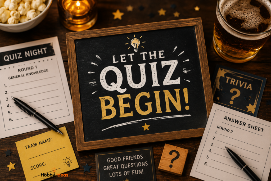 Pub quiz night setup with answer sheets trivia cards drinks and chalkboard sign saying let the quiz begin
