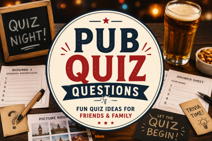 Pub quiz questions setup with answer sheets drinks trivia cards and central quiz night title for friends and family