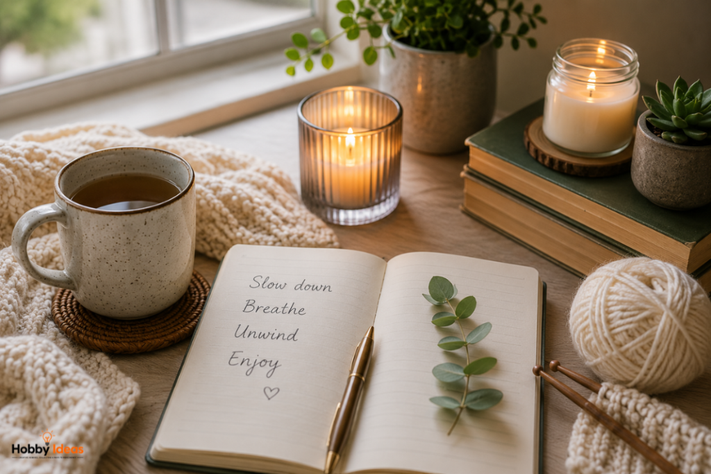 Cozy relaxing hobbies scene with candles tea knitting books journal and calming evening atmosphere by a window