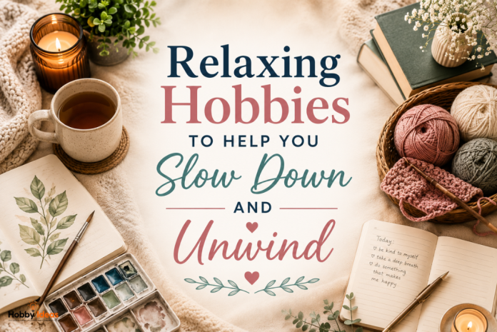 Relaxing hobbies featured image with cosy evening crafts books candles knitting tea and calming home lifestyle atmosphere