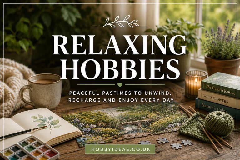 Relaxing hobbies including reading, knitting, gardening, painting and jigsaw puzzles in a peaceful home setting.