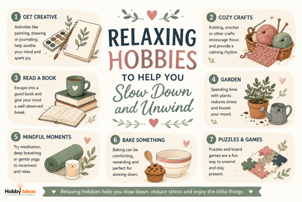 Infographic showing relaxing hobby ideas including reading crafts gardening baking puzzles mindfulness and creative activities