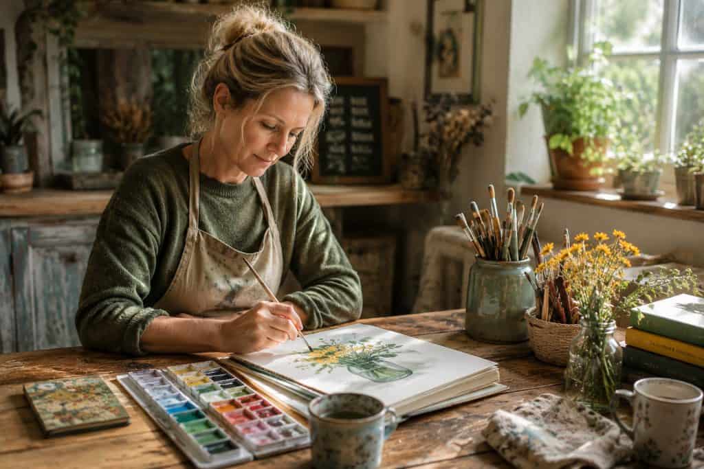 Person enjoying watercolour painting at home, demonstrating how relaxing hobbies provide a peaceful and creative way to unwind.
