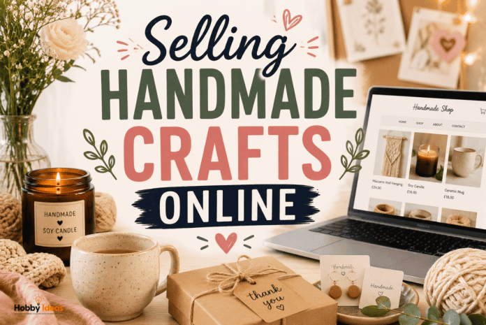 Selling Handmade Crafts Online Featured Image Selling handmade crafts online with cosy craft workspace laptop online shop candles packaging and handmade products