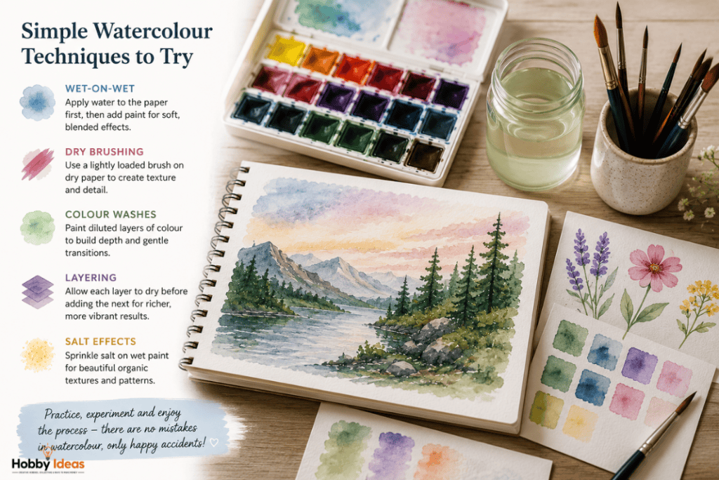 Infographic showing simple watercolour painting techniques including wet on wet dry brushing layering and colour washes