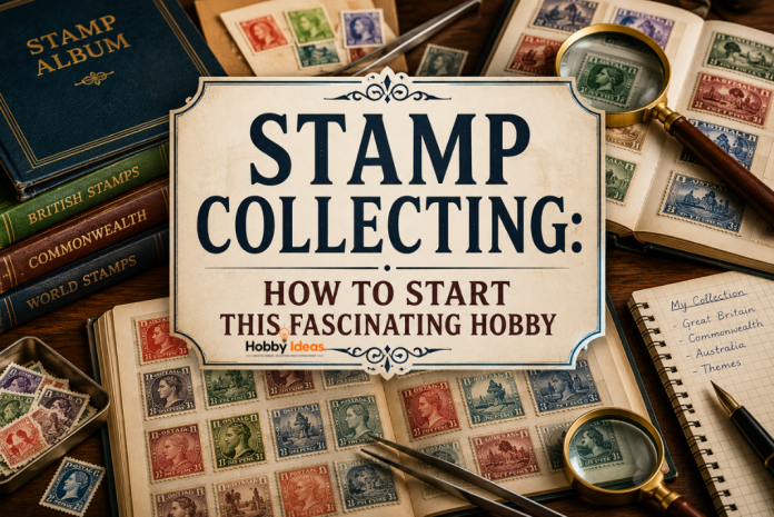 Stamp Collecting Featured Image Stamp collecting album with vintage world stamps magnifying glass stamp tongs and philately supplies on a wooden desk
