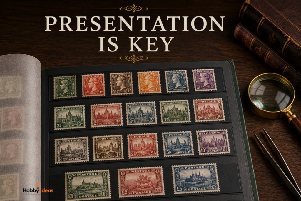 Beautifully presented stamp album with vintage stamps in black stamp mounts alongside magnifying glass and stamp collecting tools
