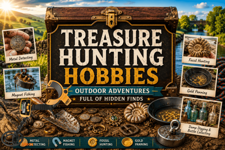 Bright featured image for treasure hunting hobbies showing a vintage treasure chest sign surrounded by fossils, coins, bottles, magnet fishing gear and gold panning equipment