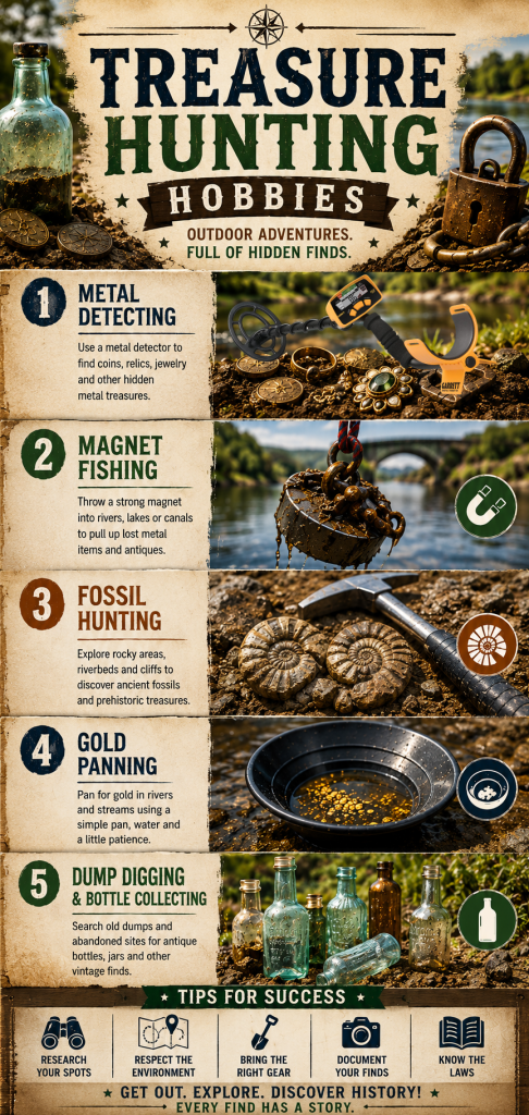 Vertical infographic showing different treasure hunting hobbies including magnet fishing, fossil hunting, gold panning and bottle collecting