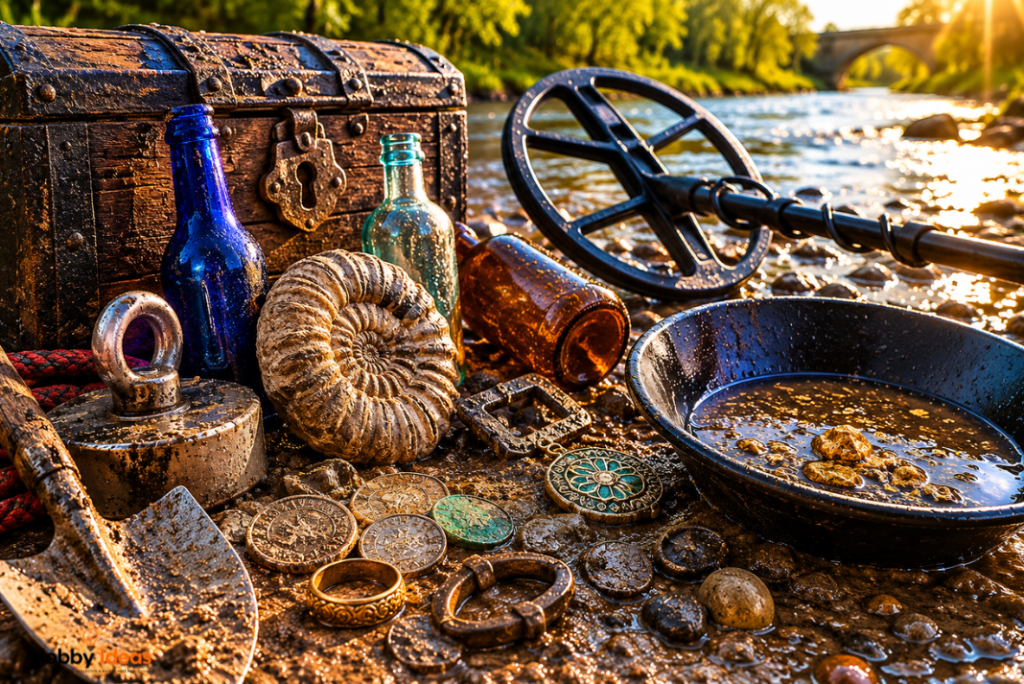 Photorealistic treasure hunting scene beside a river showing fossils, antique bottles, gold panning equipment, coins and outdoor discovery tools