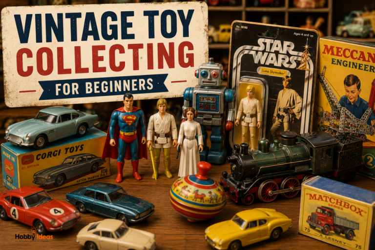 Vintage toy collecting display featuring retro diecast cars action figures trains and collectible toys