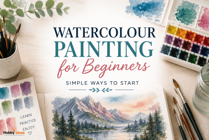 Watercolour painting for beginners featured image with paints brushes landscape artwork and centralised tutorial text