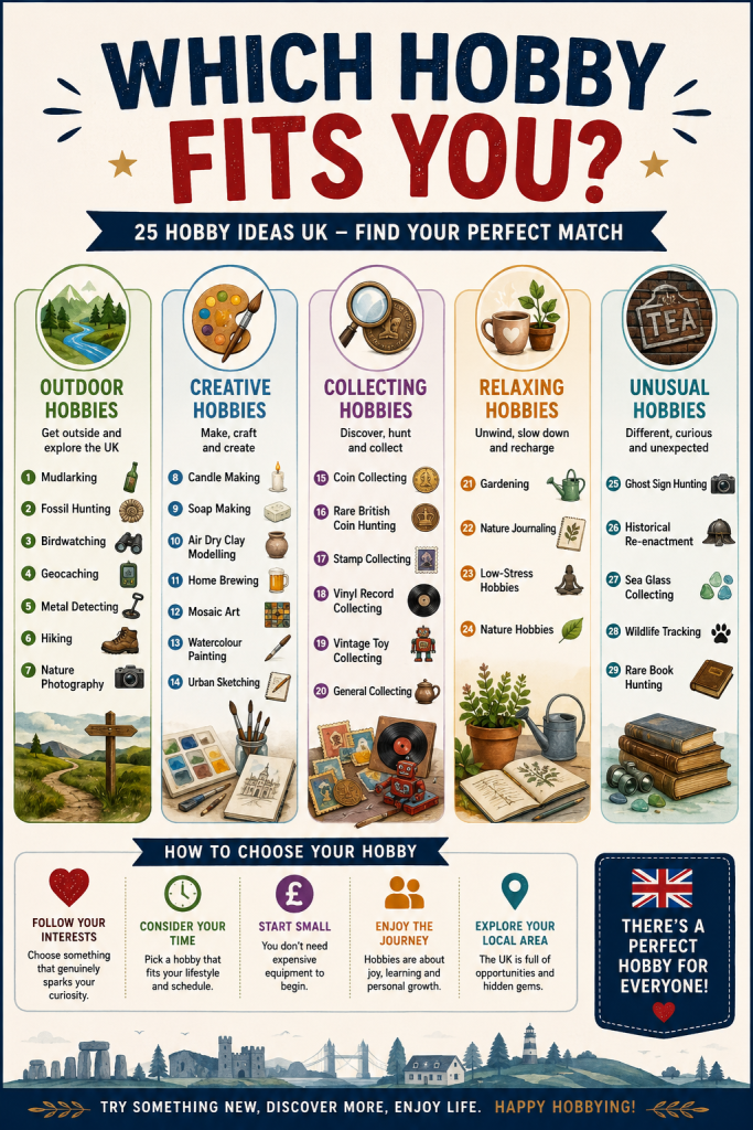 Colourful infographic showing outdoor hobbies, creative hobbies, collecting hobbies, relaxing hobbies and unusual hobbies with examples and tips for choosing the right hobby in the UK