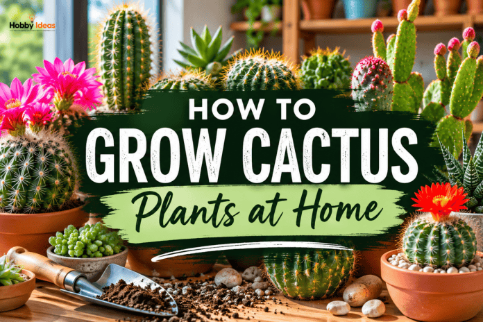 Grow cactus plants at home guide showing a colourful collection of indoor cacti in terracotta pots on a sunny windowsill
