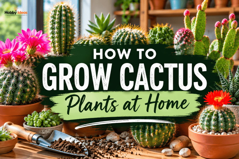 Grow cactus plants at home guide showing a colourful collection of indoor cacti in terracotta pots on a sunny windowsill