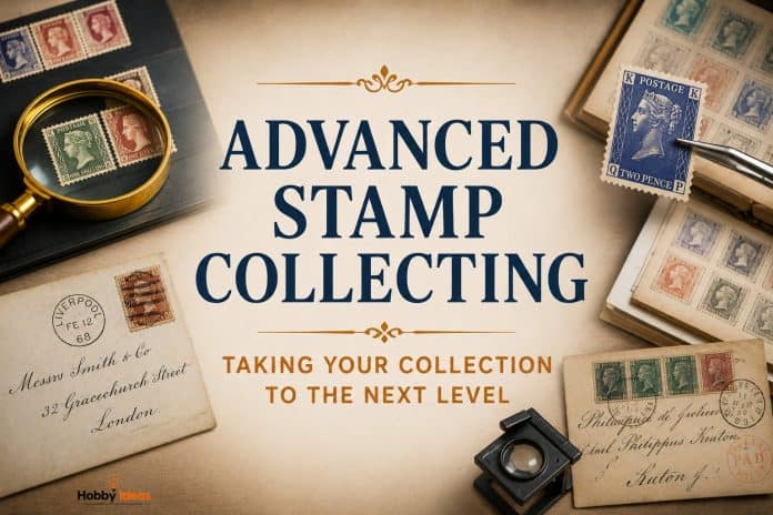 Advanced Stamp Collecting – Taking Your Collection to the Next Level Advanced stamp collecting workspace featuring classic British stamps, postal history covers, magnifying glass, stamp album and philatelic study materials.