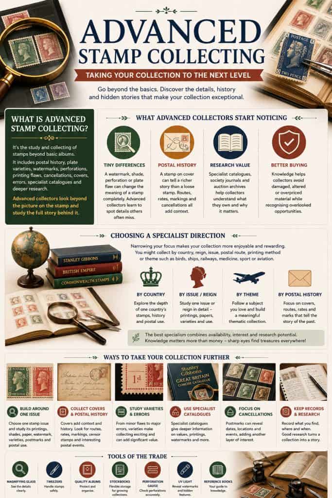 Advanced stamp collecting infographic showing postal history, stamp varieties, specialist collecting areas, research techniques and essential philatelic tools.