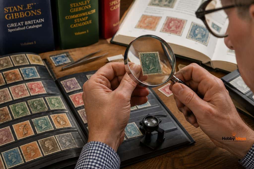 Collector examining a vintage postage stamp with a magnifying glass beside stamp albums, catalogues and philatelic research materials.
