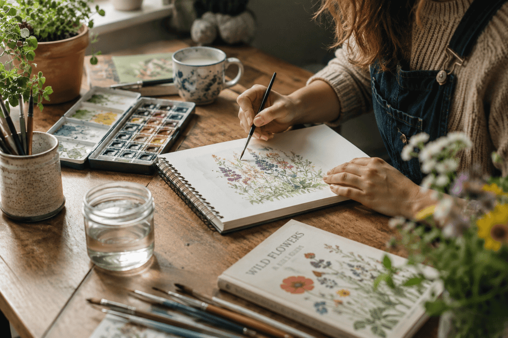 Person painting a floral watercolour illustration at a cosy home workspace, demonstrating an affordable creative hobby that can be started for less than £20.