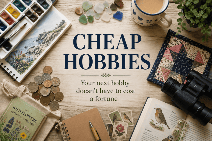 Cheap hobbies under £20 featuring creative crafts, collecting, birdwatching and outdoor activities arranged around a magazine-style title.