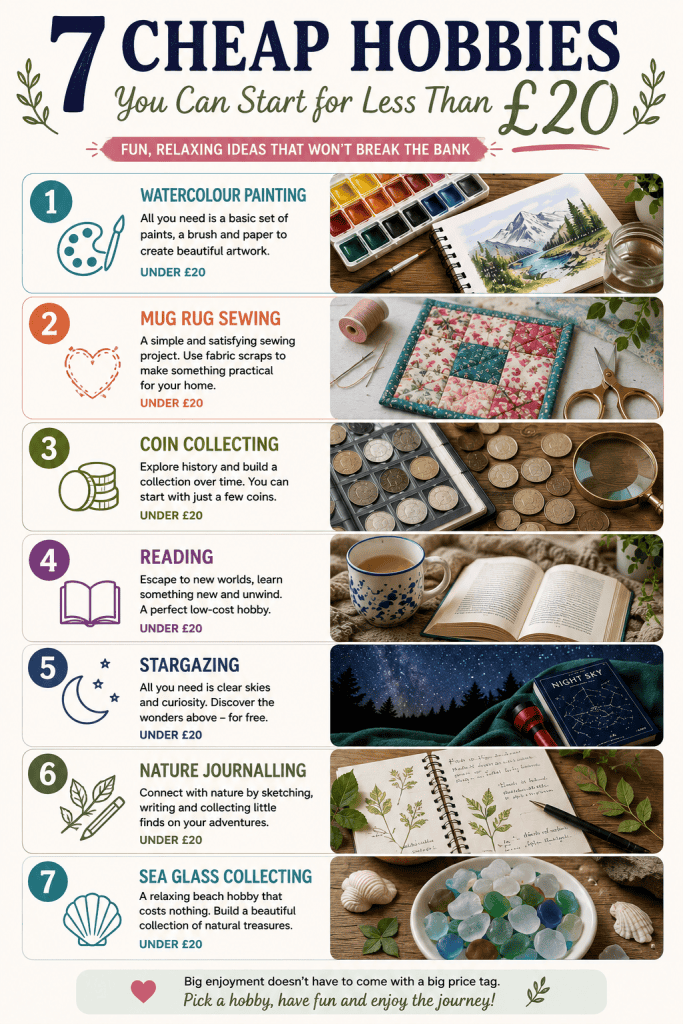 Vertical infographic showing seven cheap hobbies under £20 including watercolour painting, mug rug sewing, coin collecting, reading, stargazing, nature journalling and sea glass collecting.