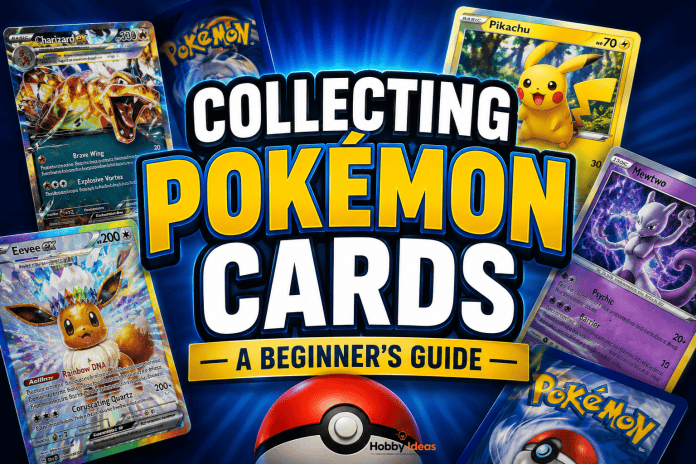Collecting Pokémon Cards: A Beginner's Guide to the World's Biggest Trading Card Hobby Collecting Pokémon cards beginner's guide featuring colourful trading cards, a Poké Ball and vibrant card collecting imagery.