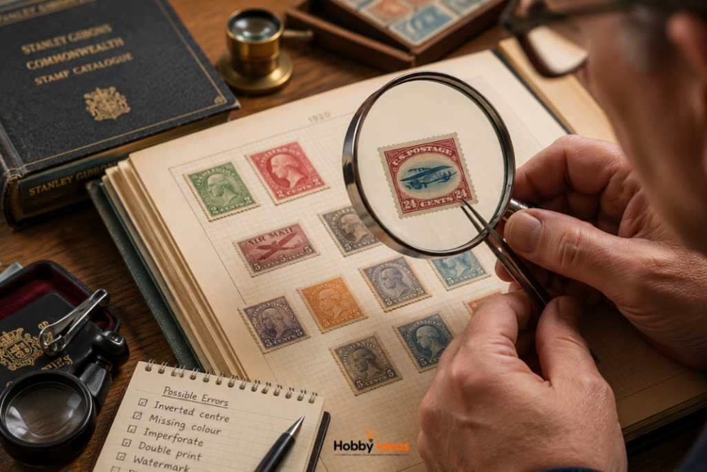 Stamp collector using a magnifying glass to inspect rare stamp errors in an album