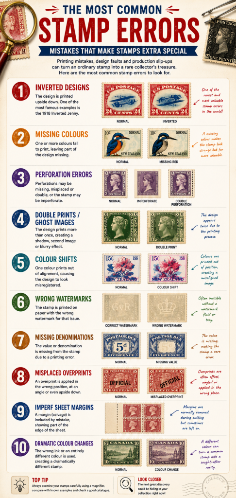 Infographic showing inverted stamps, missing colours, perforation errors and watermark varieties