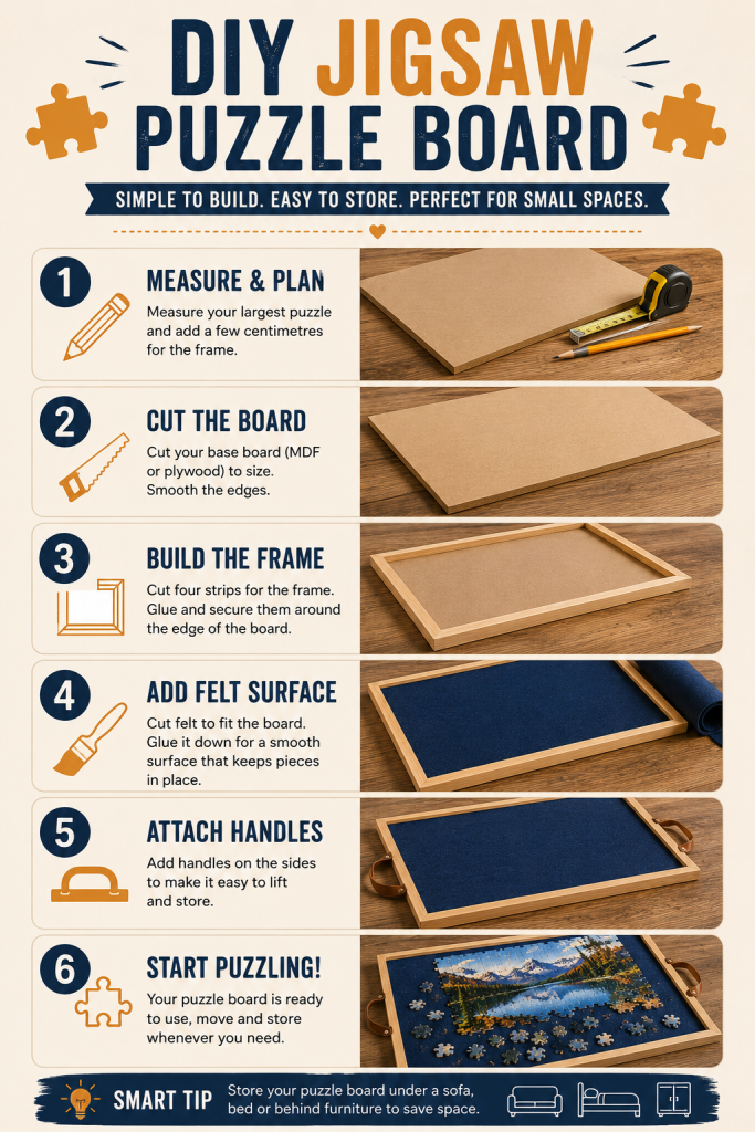 DIY jigsaw puzzle board infographic showing step-by-step instructions for building a puzzle board using MDF, felt and simple tools