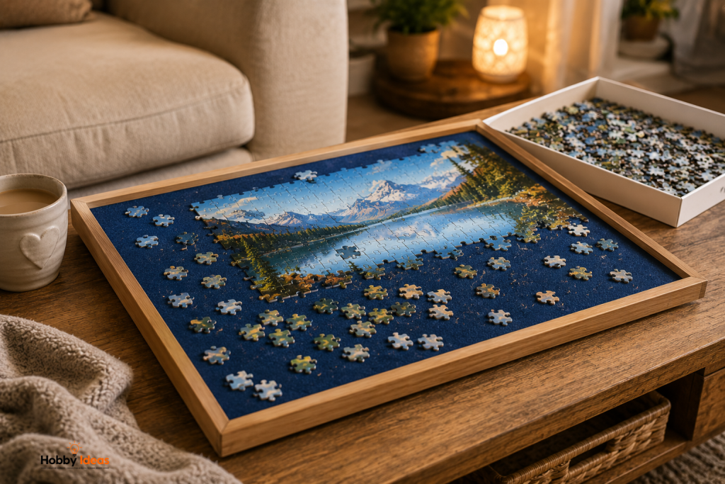 DIY jigsaw puzzle board on a coffee table with partially completed puzzle, tea and cosy living room setting
