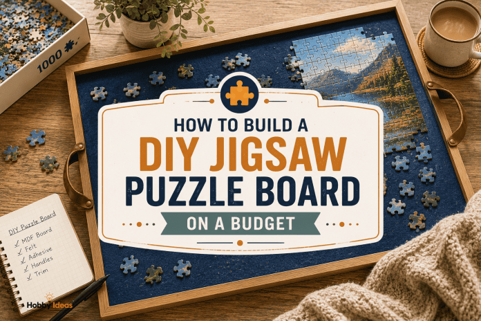 DIY jigsaw puzzle board on a budget with puzzle in progress, storage tray and cosy home setting