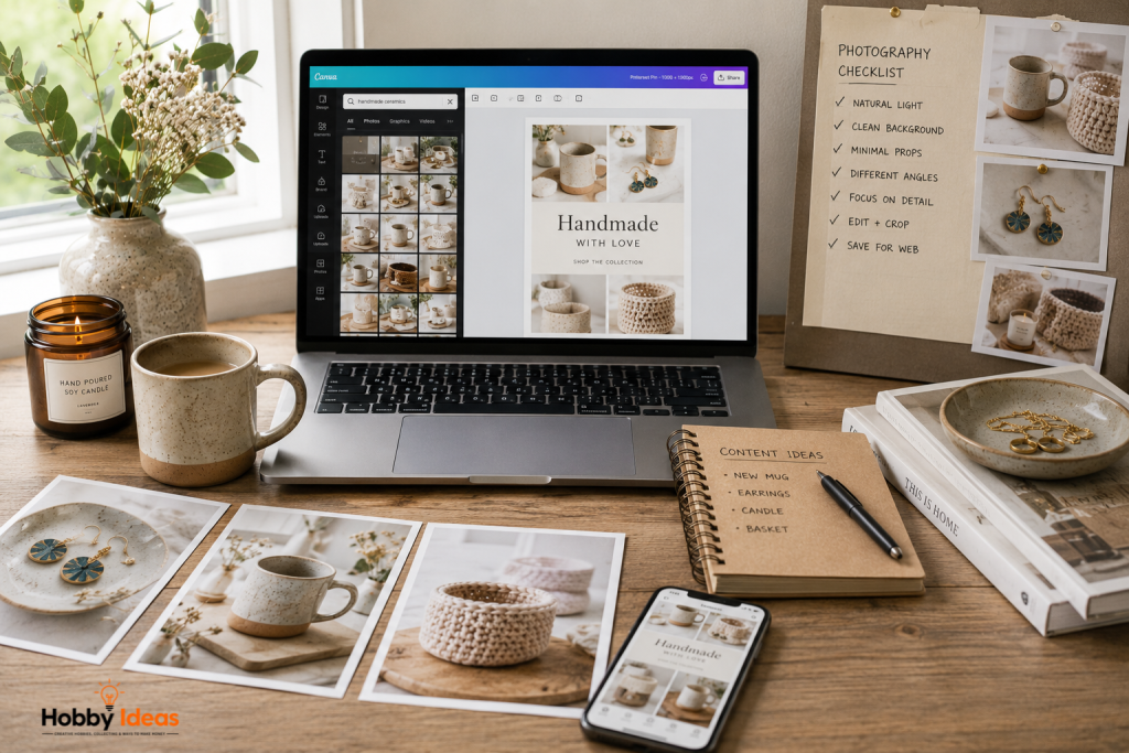 Creative workspace showing a laptop editing handmade product photographs, printed images, smartphone mock-up and photography checklist for selling handmade crafts online