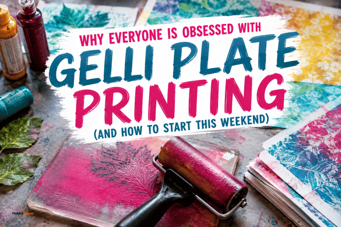 Why Everyone Is Obsessed With Gelli Plate Printing Colourful gelli plate printing workspace showing a gel plate, brayer roller, acrylic paint and vibrant botanical prints in progress.