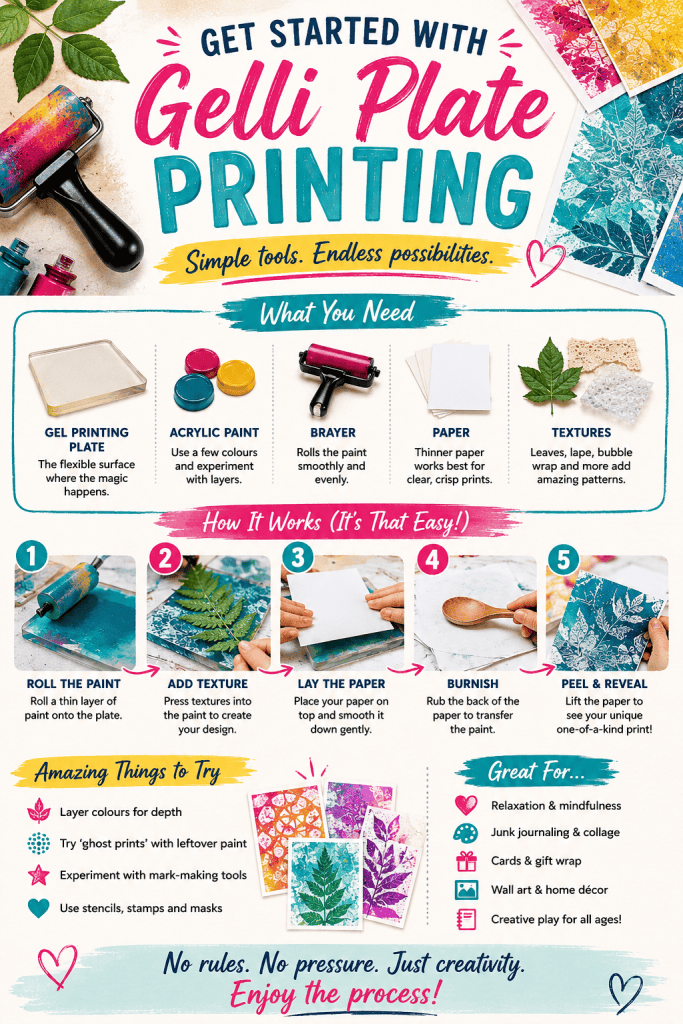 Vertical infographic explaining gelli plate printing for beginners, showing the essential tools, step-by-step printing process, texture ideas, beginner tips and creative ways to use finished prints.