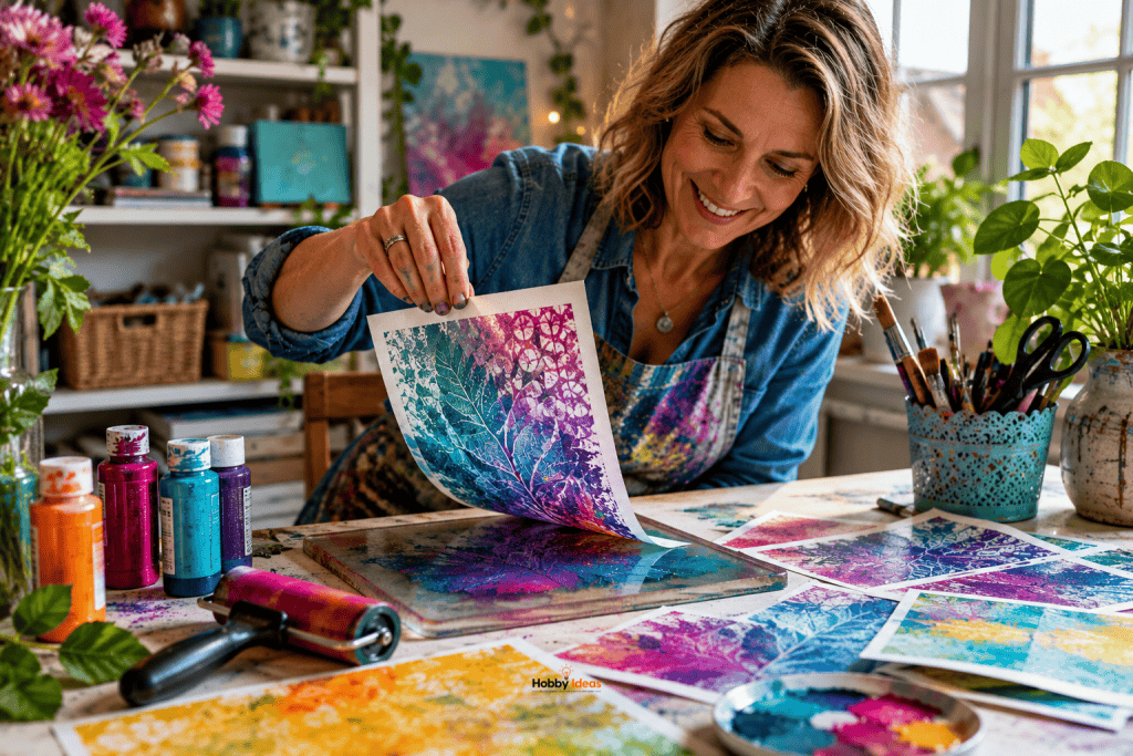 Artist lifting a freshly printed sheet from a gelli plate to reveal a colourful botanical monoprint, demonstrating the peel-and-reveal process in gelli plate printing for beginners.