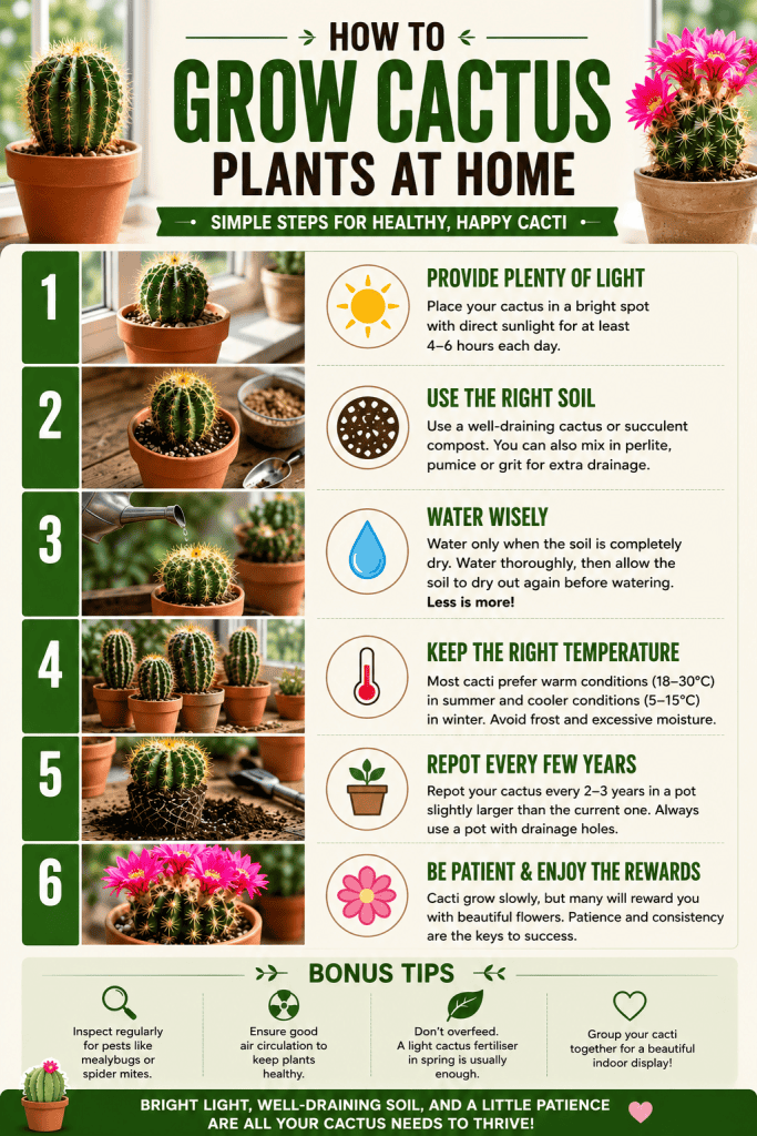 Infographic showing how to grow cactus plants at home including sunlight, soil, watering, temperature and repotting tips for beginners.