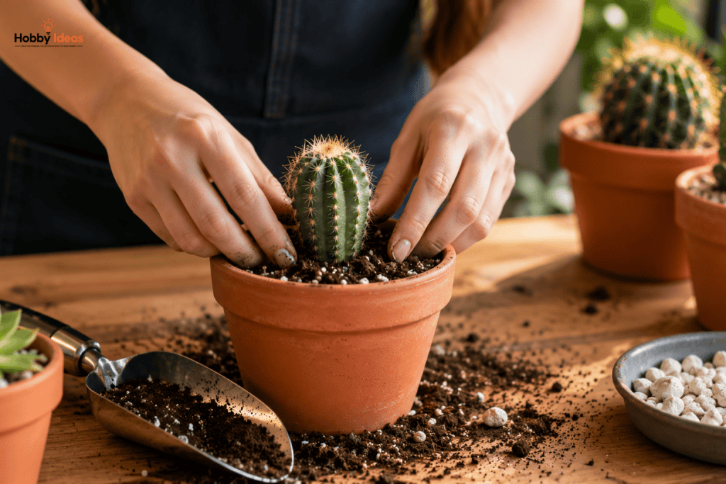 Person potting a small cactus into a terracotta pot using cactus compost and gravel indoors