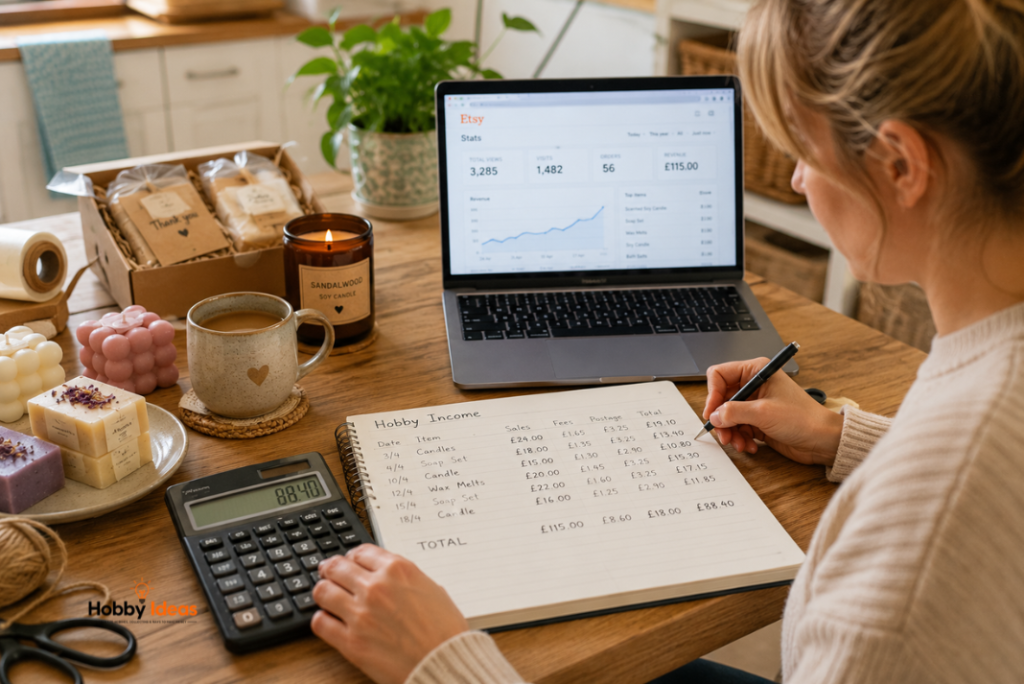 UK hobbyist tracking hobby income and expenses using a notebook and calculator