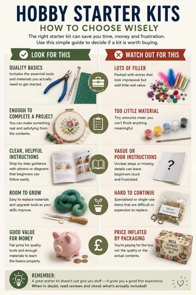 Hobby starter kits infographic showing what to look for and what to avoid when choosing a beginner hobby kit