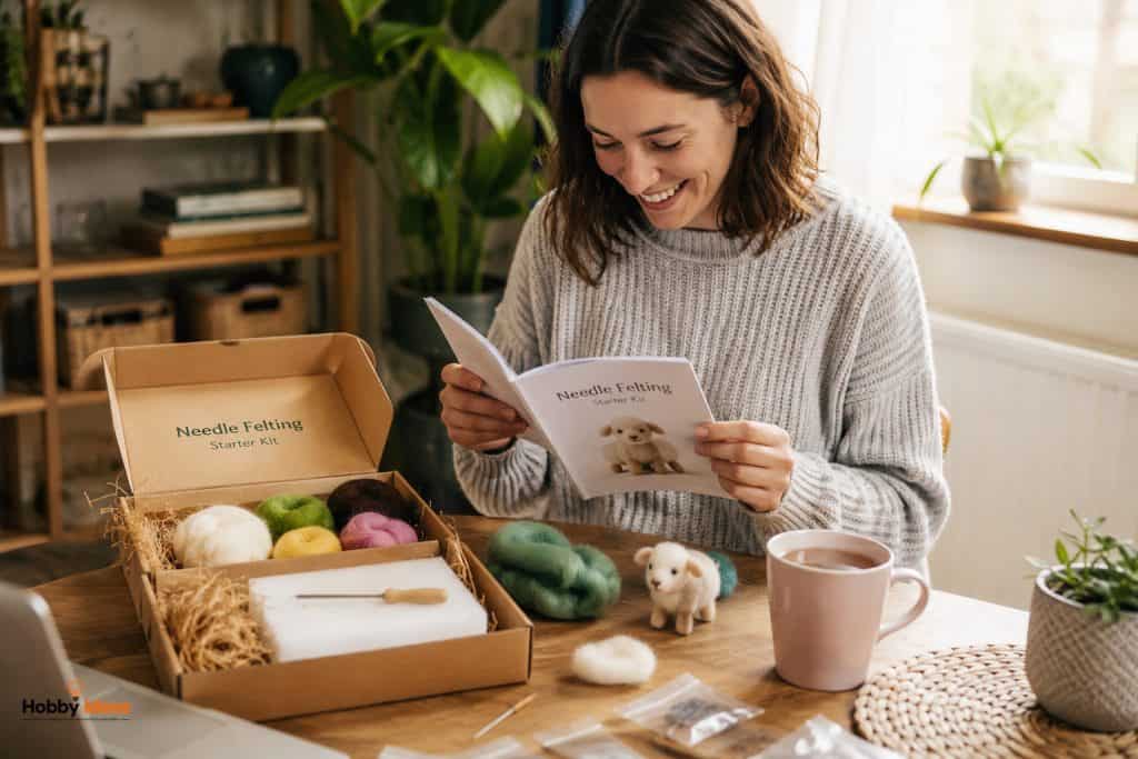 Person opening a hobby starter kit for needle felting with wool, tools and instructions on a cosy craft table