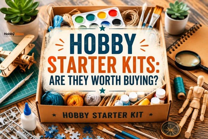 Hobby starter kits arranged on a wooden table with craft tools, paints, model building supplies and beginner hobby materials