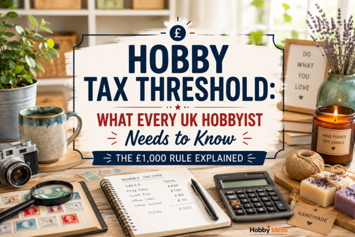 UK hobbyist reviewing hobby income and tax rules with craft items, collectables and paperwork on a desk