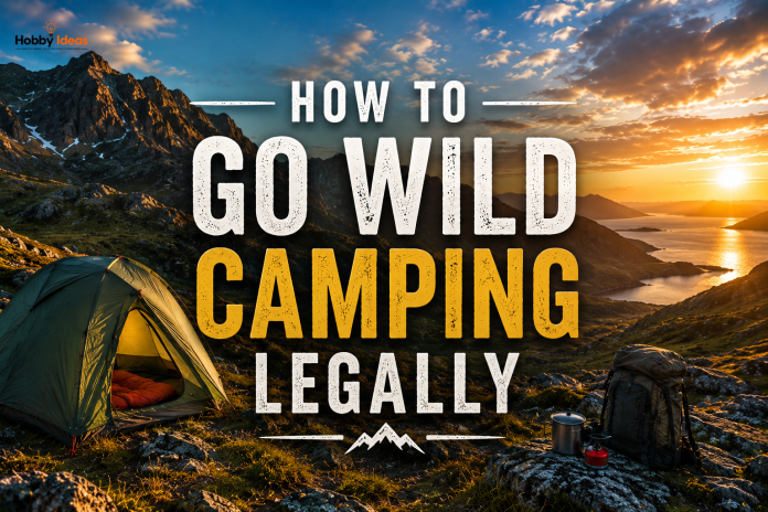 How to Go Wild Camping Legally in the UK: Rules, Permissions and Responsible Camping Tips Wild camping tent overlooking a rugged mountain landscape at sunset with backpacking gear and remote wilderness scenery