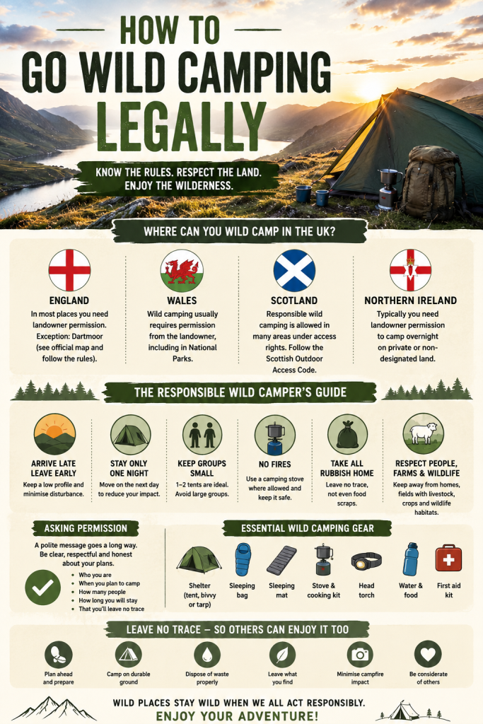 Infographic explaining how to go wild camping legally in the UK, including rules for England, Wales, Scotland and responsible camping guidelines